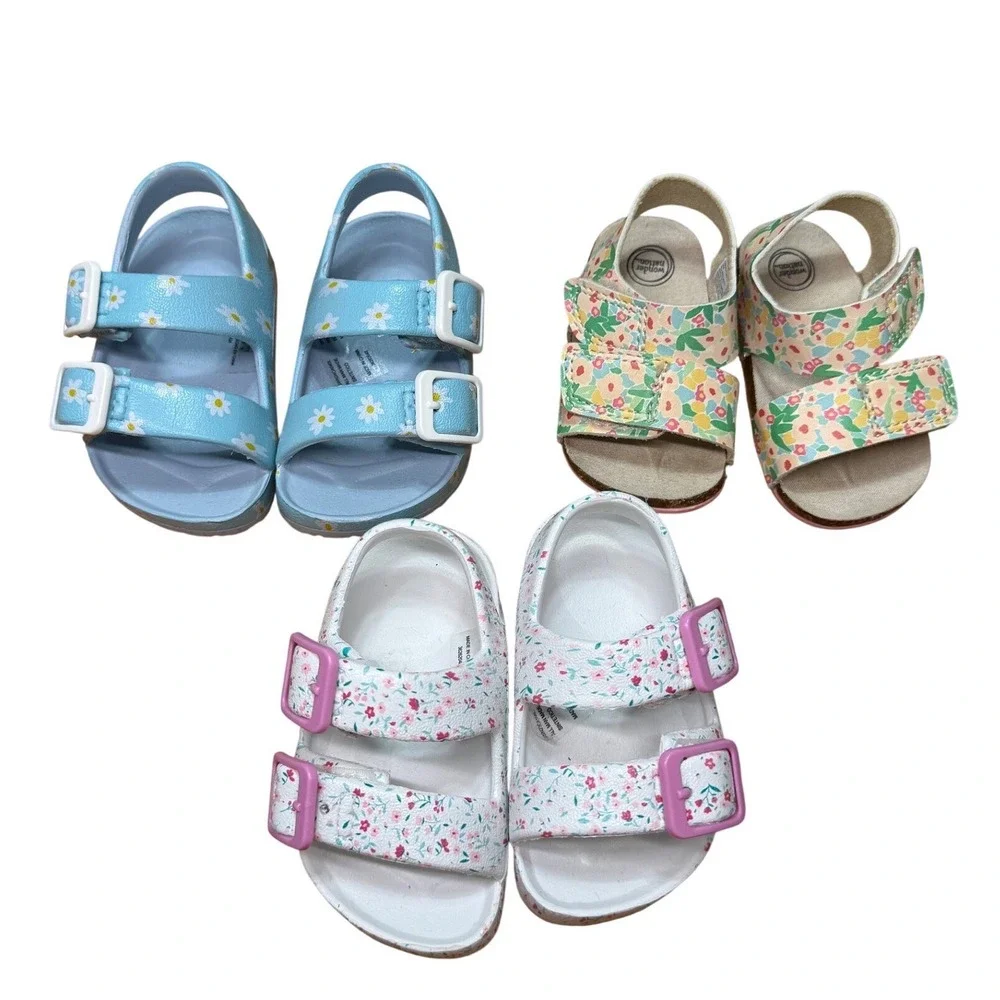 Wonder Nation‎ Infant Girls Floral Sandals Bundle 3 Pairs Size 2 Blue White Pink